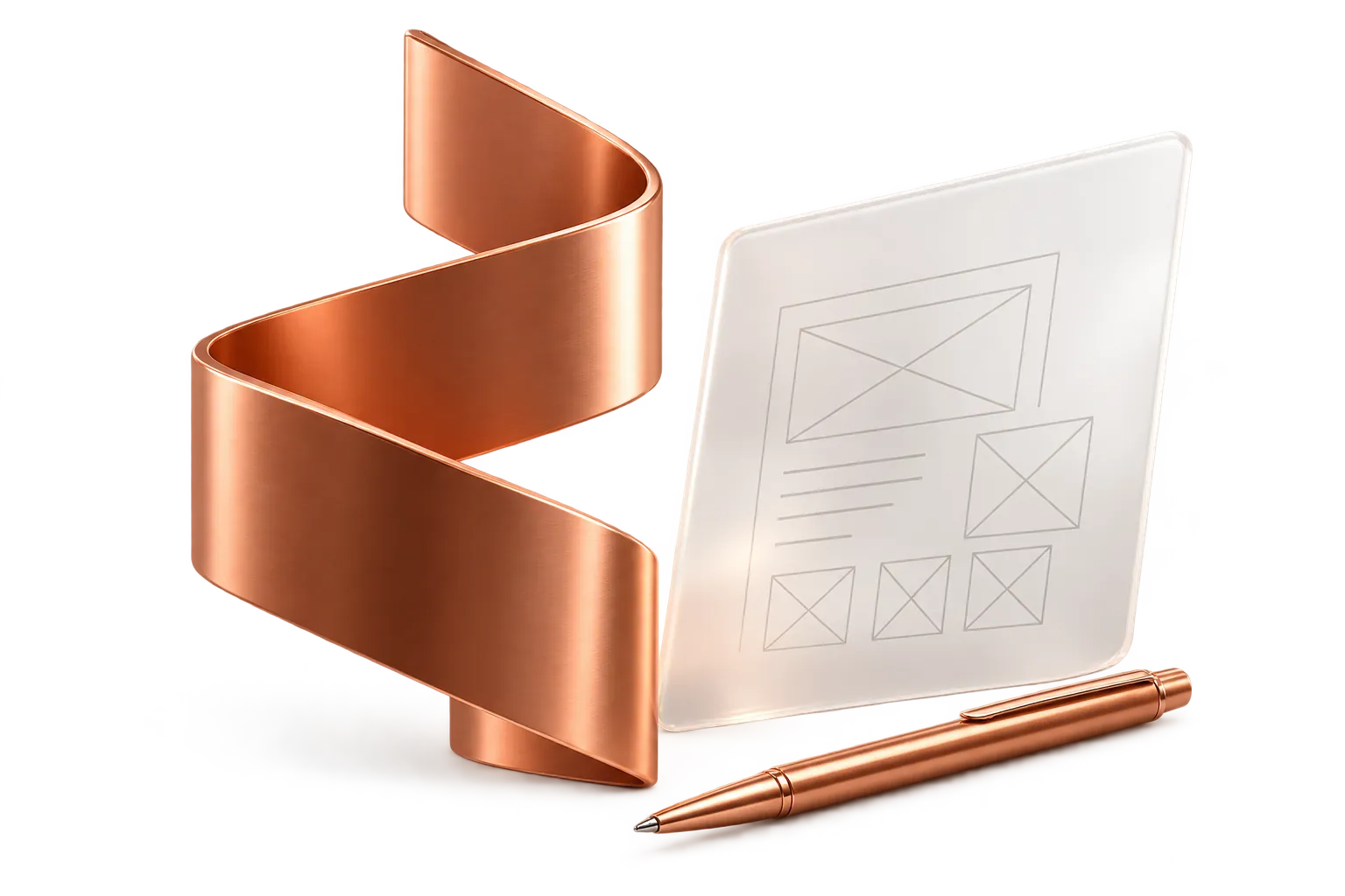 A copper ribbon beside a glass card sketched with a wireframe, and a copper pen resting in front.