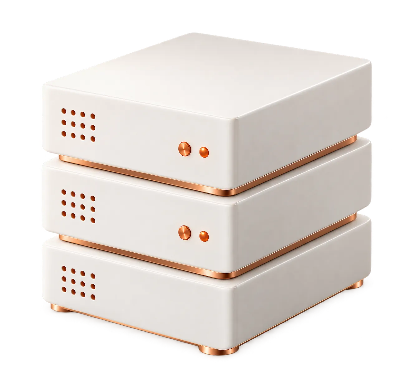 Illustrative stack of three white server units with copper trim