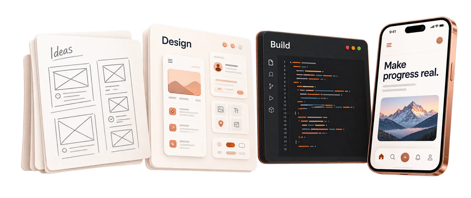 Illustrative process panels: sketched ideas, a design mock-up, a code editor and a phone with a finished app.