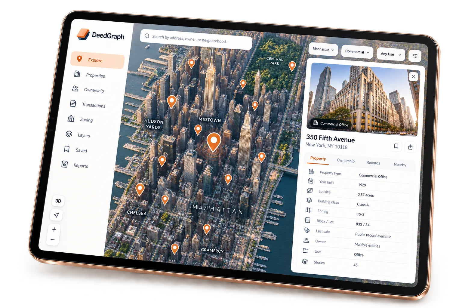 Illustrative screen of DeedGraph: a 3D map of Manhattan with property pins and a commercial office record panel.