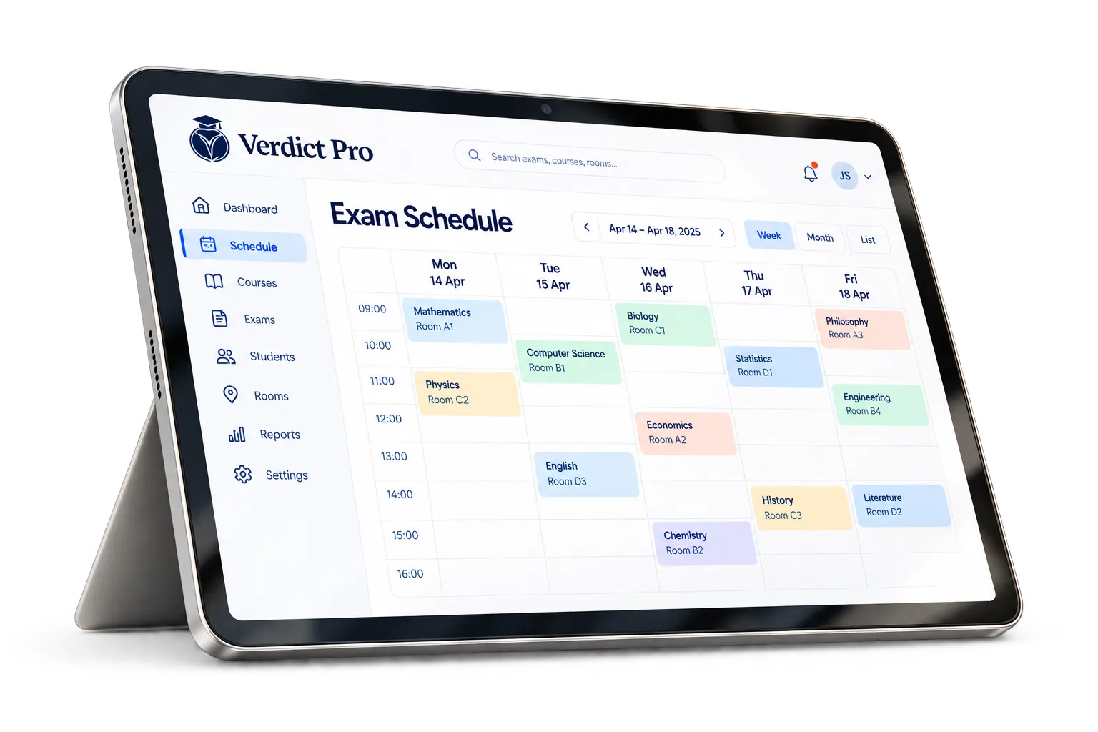 Illustrative screen of Verdict Pro: a weekly exam schedule with colour-coded exams and rooms on a tablet.