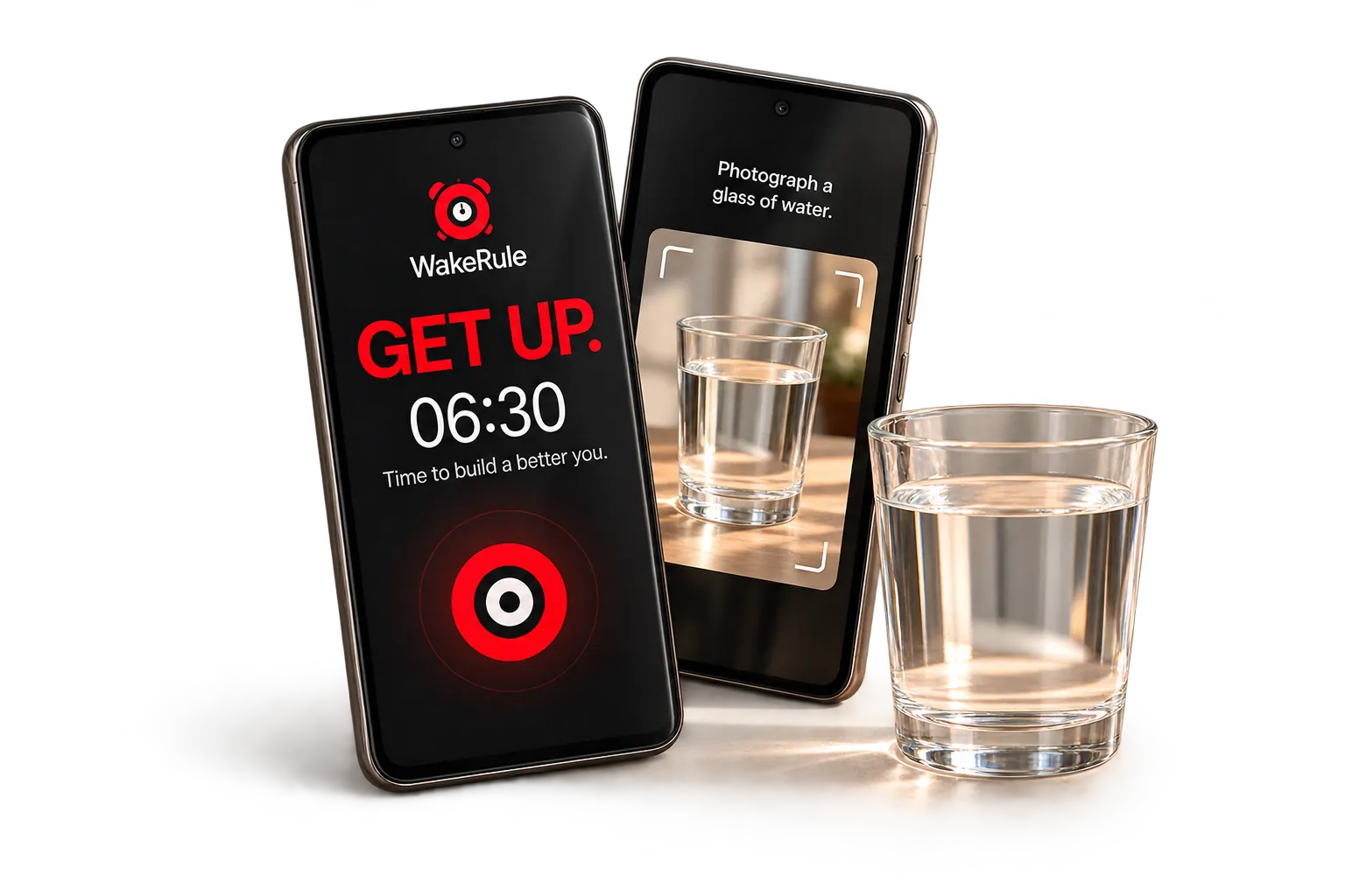 Illustrative screens of WakeRule: an alarm reading “Get up, 06:30” and a camera mission asking to photograph a glass of water.