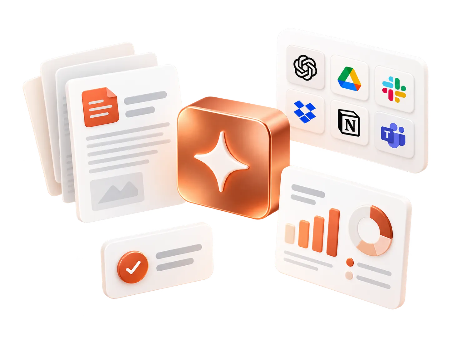 Illustrative documents, a copper sparkle cube, integration tiles and a chart panel.