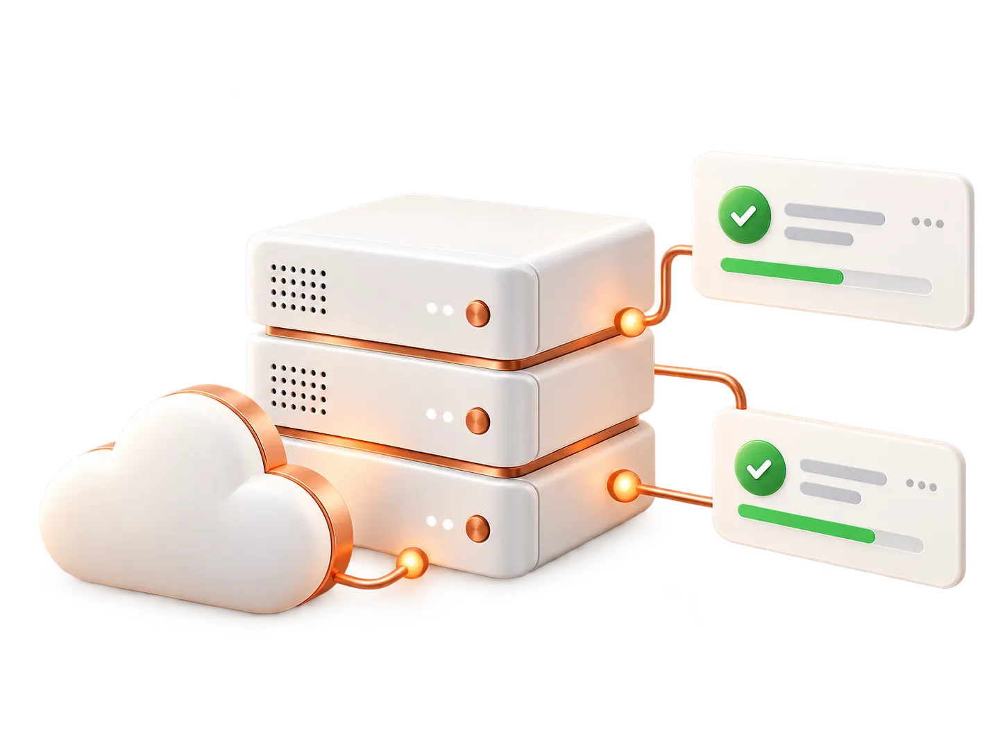 Illustrative cloud connected to a stack of servers and green status cards.