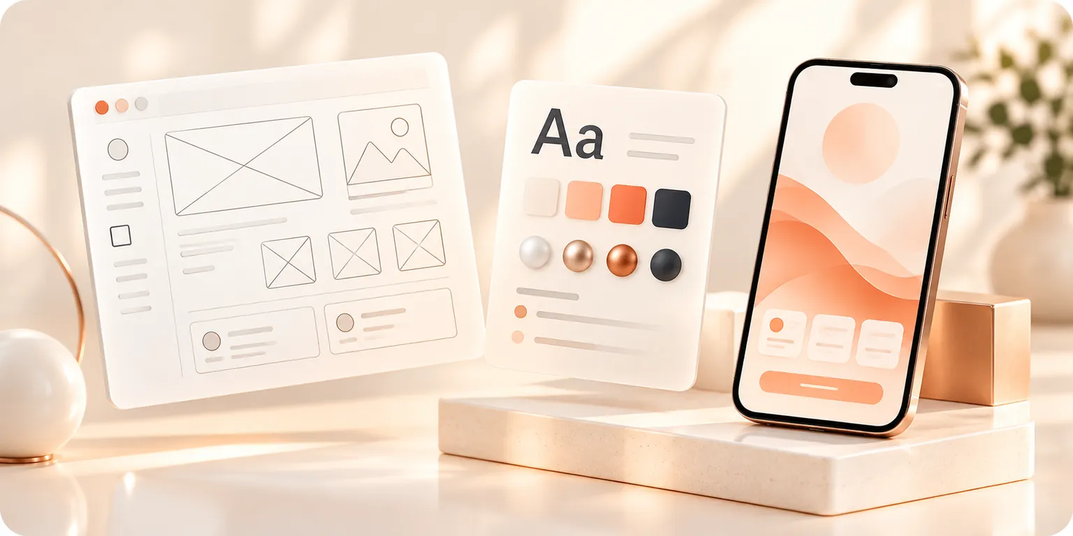 Illustrative wireframes, a type and colour palette card and a phone showing a warm interface.